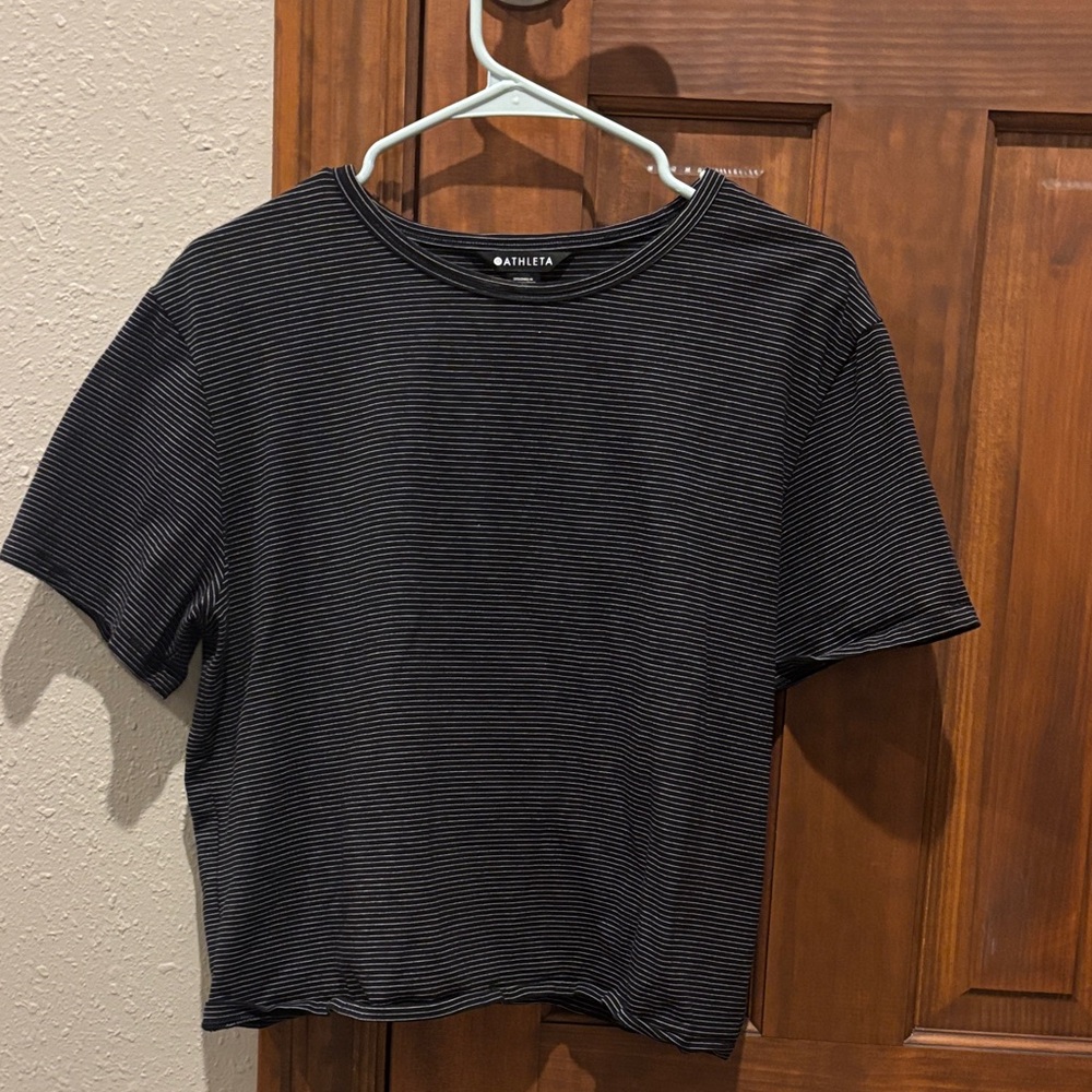 Athleta Black and White Striped Short Sleeve Tee